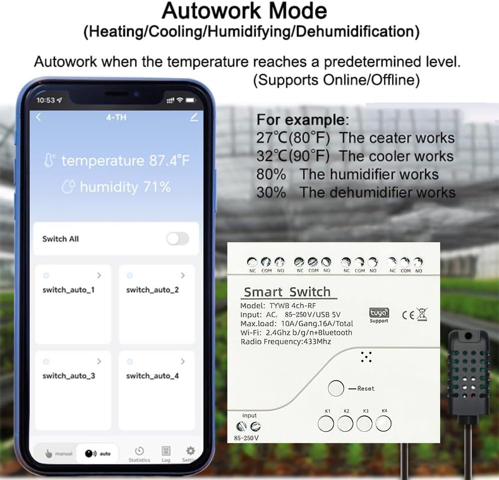 Tuya 4CH WiFi Switch 85-250V Smart Temperature and Humidity Sensor, Dry Contact, Remote Application Control and Monitoring Function, Voice Control, Smart Scene, Compatible with Alexa and Google Home