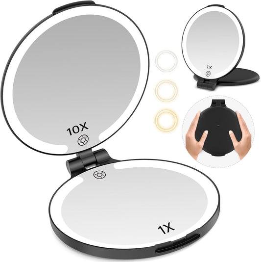 FUNTOUCH Travel Mirror with Light, 1X/10X Rechargeable Makeup Mirror with Magnifying, 7'' Double Sided 3 Color Lighting Modes for Travel Essential, Portable Vanity Mirror, Black
