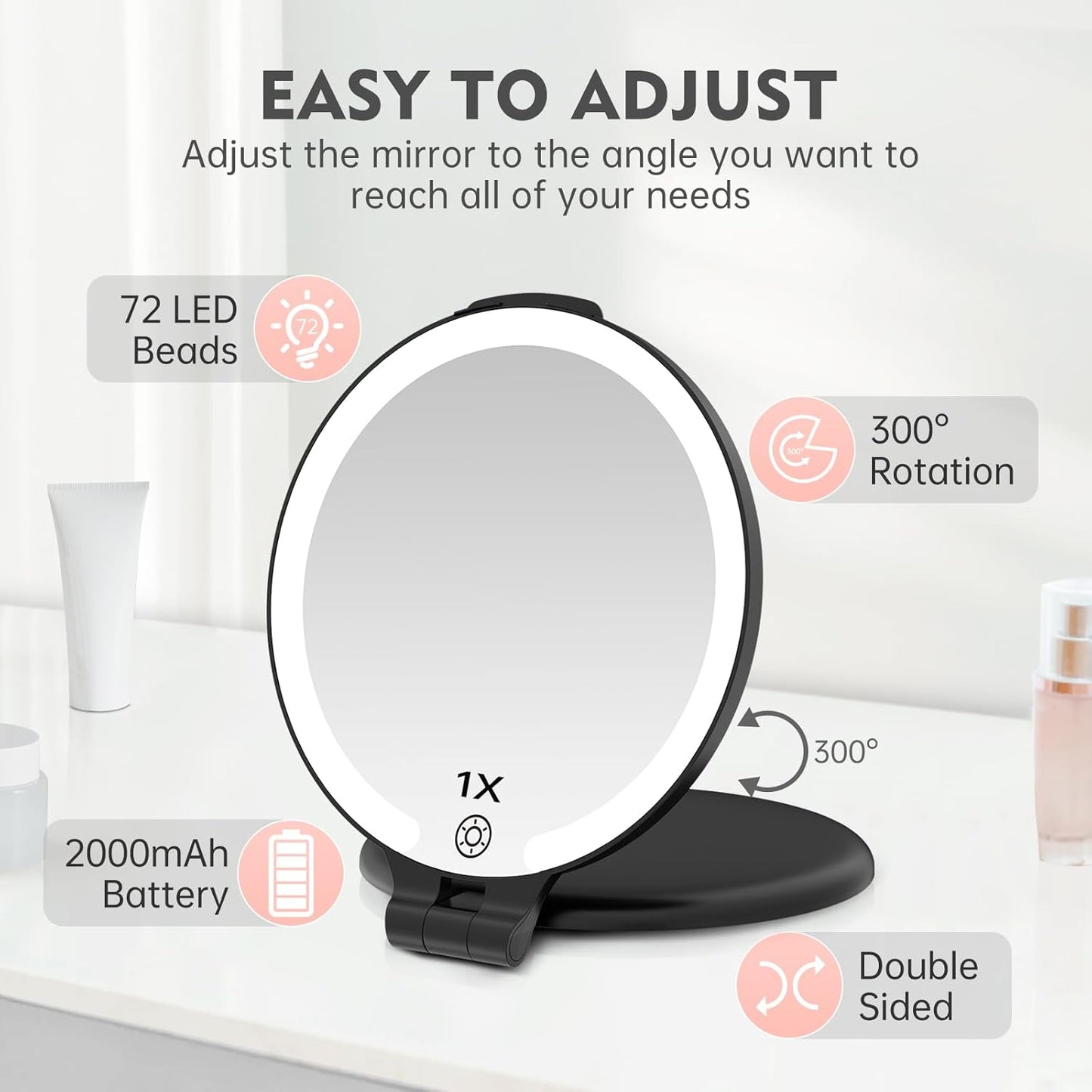 FUNTOUCH Travel Mirror with Light, 1X/10X Rechargeable Makeup Mirror with Magnifying, 7'' Double Sided 3 Color Lighting Modes for Travel Essential, Portable Vanity Mirror, Black