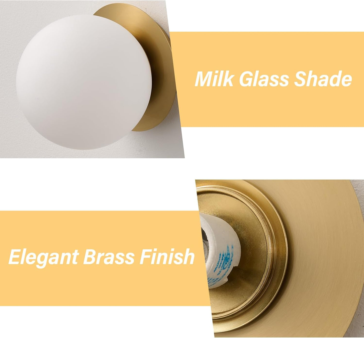 Modern Glass Globe Wall Sconce: Gold Spherical Sconces Light - Small Brass Vanity Single Ball Lights Fixture - Contemporary Milk Glass Wall Mounted Lamp for Bedroom Bathroom Hallway Bulb Not Included
