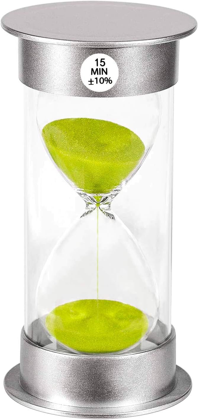 Sand Timer 15 Minute Hourglass Timer, Silver Plastic Sand Clock 15 minutes, Hour Glass Sandglass Timer for Kids, Games, Classroom, Kitchen, Decorative (15 Min, Green Sand)
