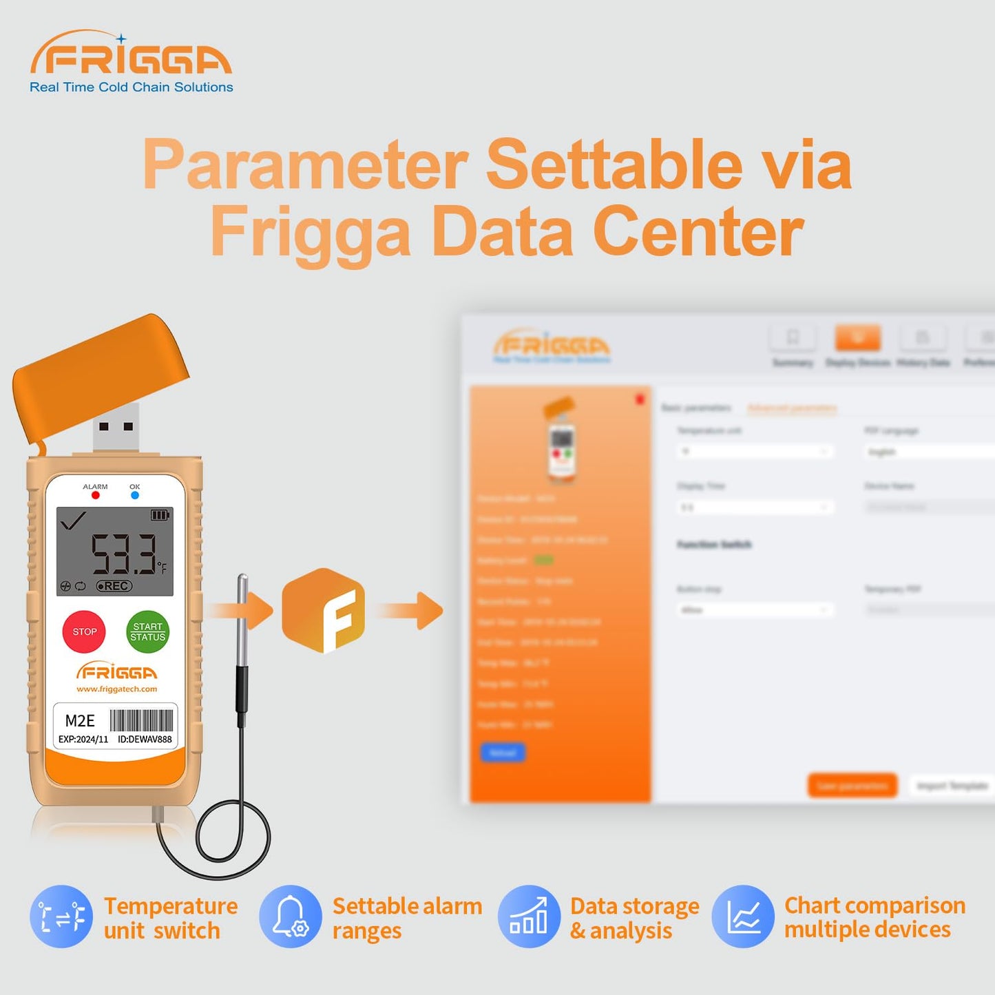 Frigga M2E Reusable Temperature Data Logger with External Probe Multi-Use Digital Refrigerator Thermometer USB 14400 Points High Accuracy Temperature Recorder PDF CSV Report