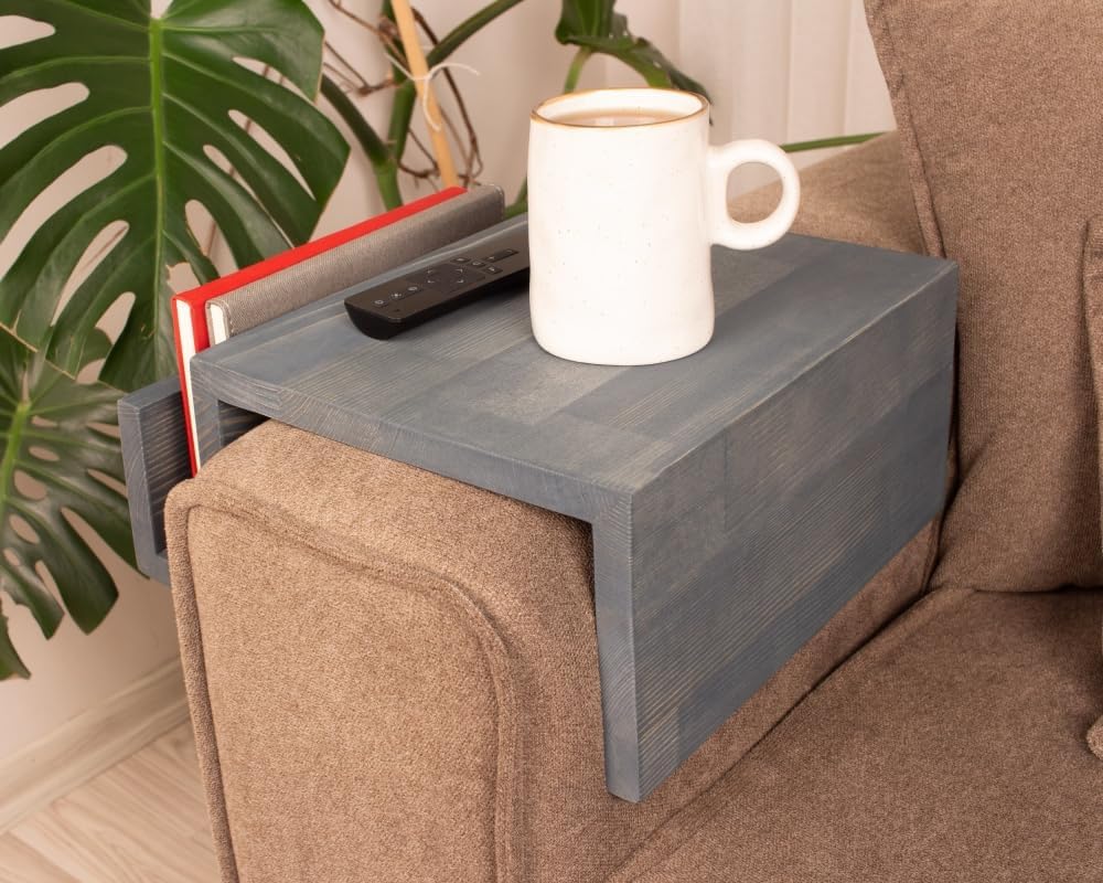 Wooden Couch Arm Tray – Sofa Armrest Table with Book & Magazine Holder, Perfect for Coffee & Remote Control, Solid Wood (Monaco)
