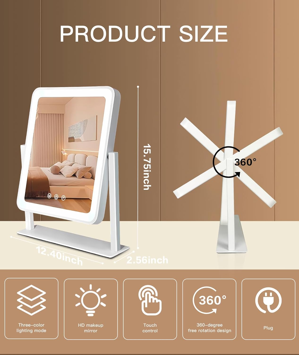Lighted Makeup Mirror, Hollywood Vanity Mirror, 3 Color Lighting Modes, 360° Rotation, HD Glass Mirror, and 10X Magnification Mirror Smart Touch Control for Home & Travel (White)