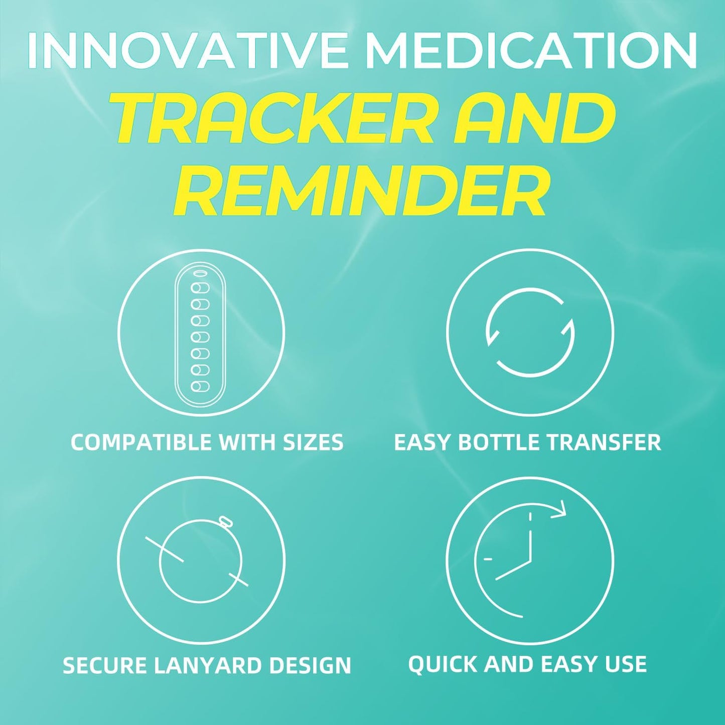 Odaro 4 Pack Pill Reminder, Lanyad or Sticker Pill Tracker, Work with Most Bottles, Reusable Medication Tracker Replacement of Vitamin Weekly (7 Day) Medicine Organizer