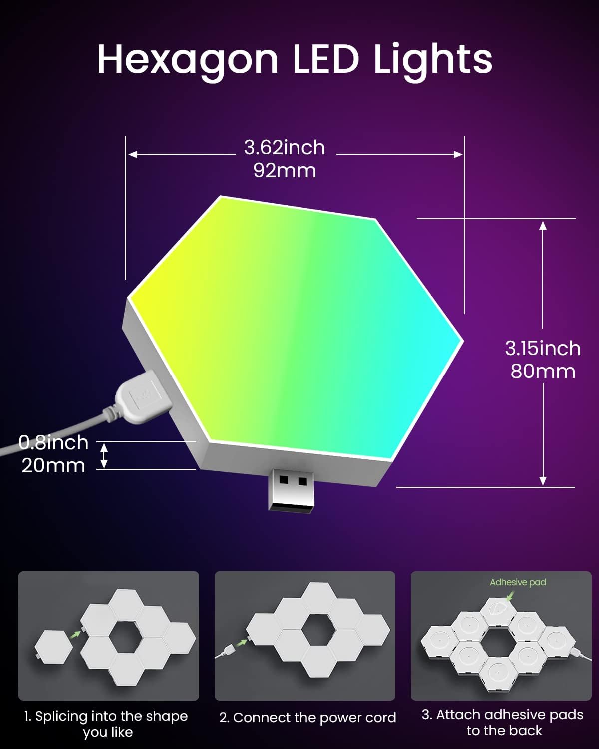 Hexagon LED Lights Wall Panels, Smart RGB Gaming Lights with APP & Music Sync, DIY Modular Hex Tiles, USB-Powered for Autism/Game Room/Party Decor (8-Pack)