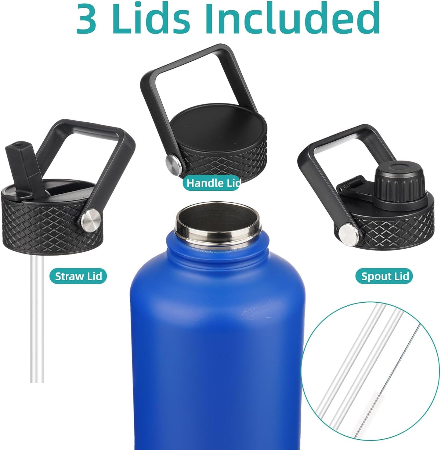 Half Gallon Insulated Water Bottle with Straw,64 oz 3 Lids Water Jug with Carrying Bag,Paracord Handle,Double Wall Vacuum Stainless Steel Metal Flask,Blue