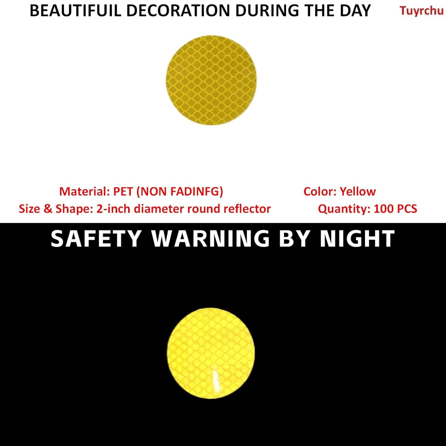 Non Fading Yellow Reflective Stickers 2-inch Diameter Round Reflector, Outdoor Waterproof High Visibility Warning Adhesive Tape (100 Pcs)