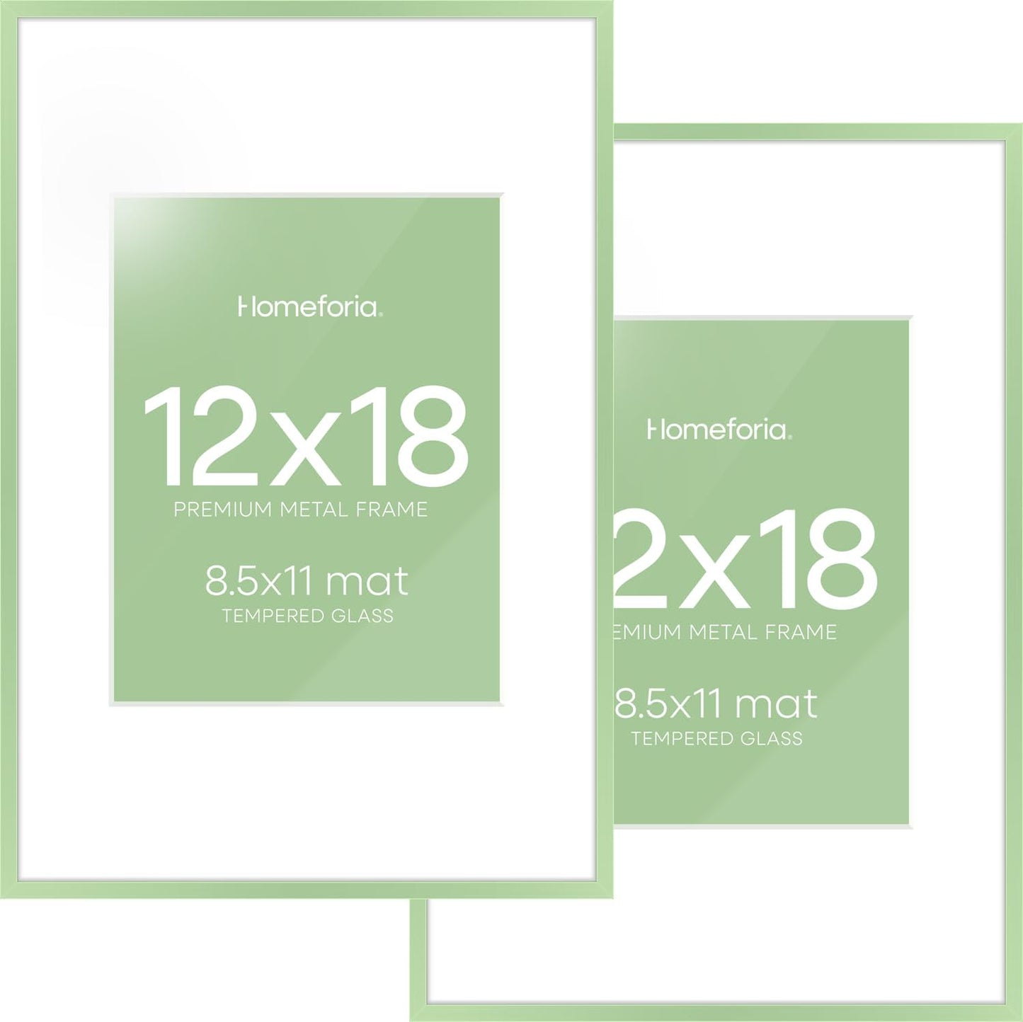 Homeforia 12x18 Picture Frame Sage Green, High End Metal 12x18 Poster Frames with Mat 8.5x11 in Photo, 12 x 18 Sage Green Frame Matted to 8.5 by 11 Art, 18x12 Frame, Tempered Glass, Wall Kit, Set of 2