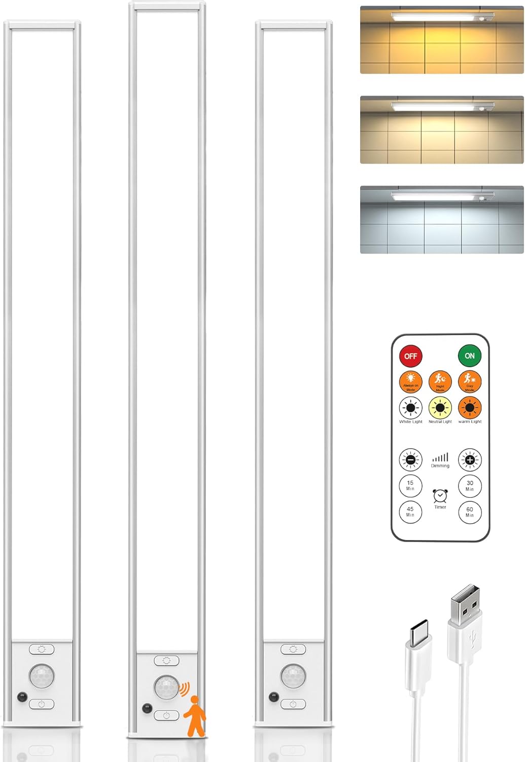 16in Under Cabinet Lighting with Remote, 160 LED Motion Sensor Light Indoor, 4000mAh USB Rechargeable Closet Lights Wireless, 3 Color Temps Under Counter Lights for Kitchen, Pantry, Stair, 3 Pack