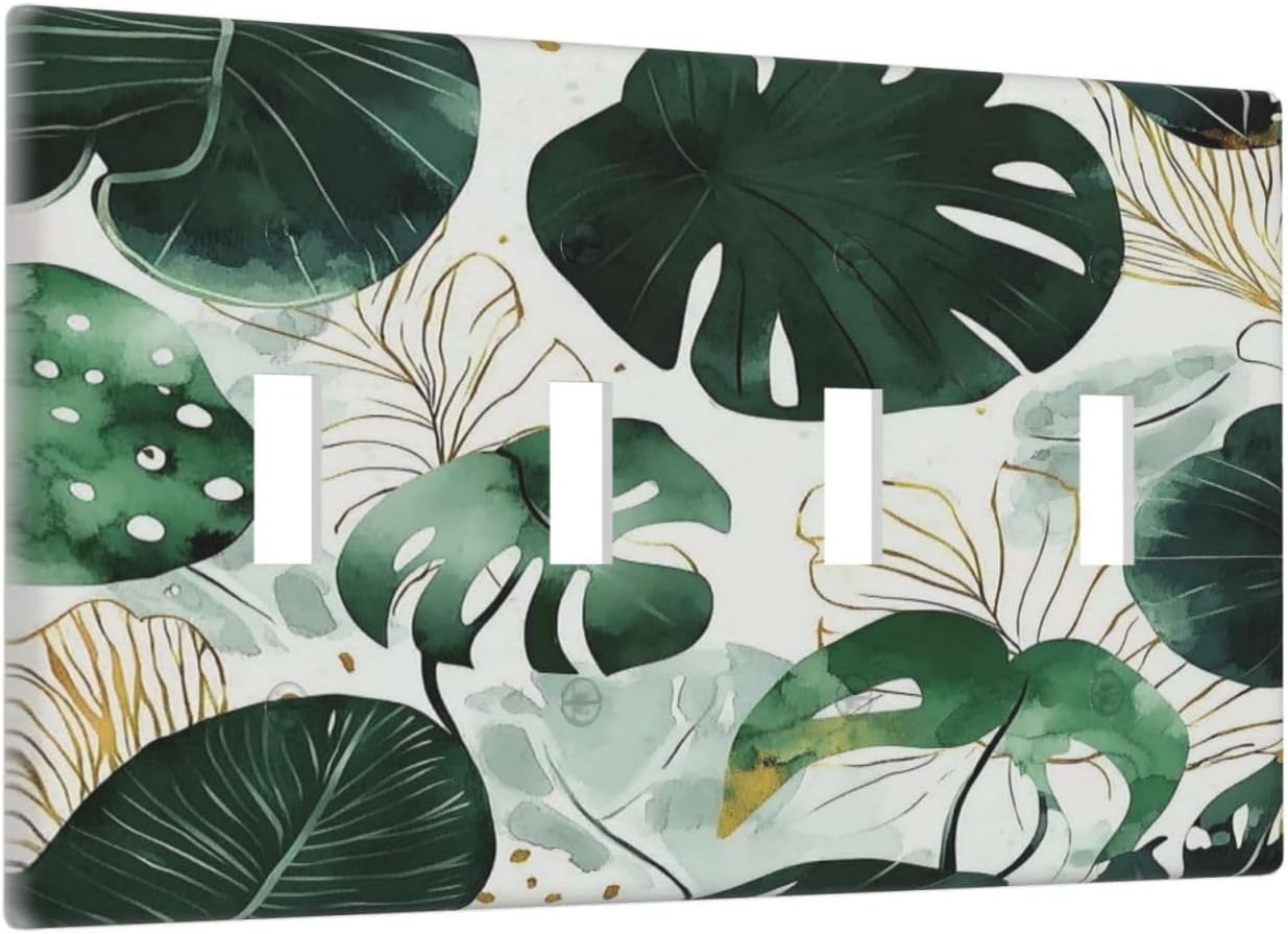 Boho Tropical Green Leaf Watercolor Banana Leaves Light Switch Covers Quad Toggle Electrical Faceplate 4 Gang Wall Plate Decorative Switch Plates For Bed Room Living Room Decor