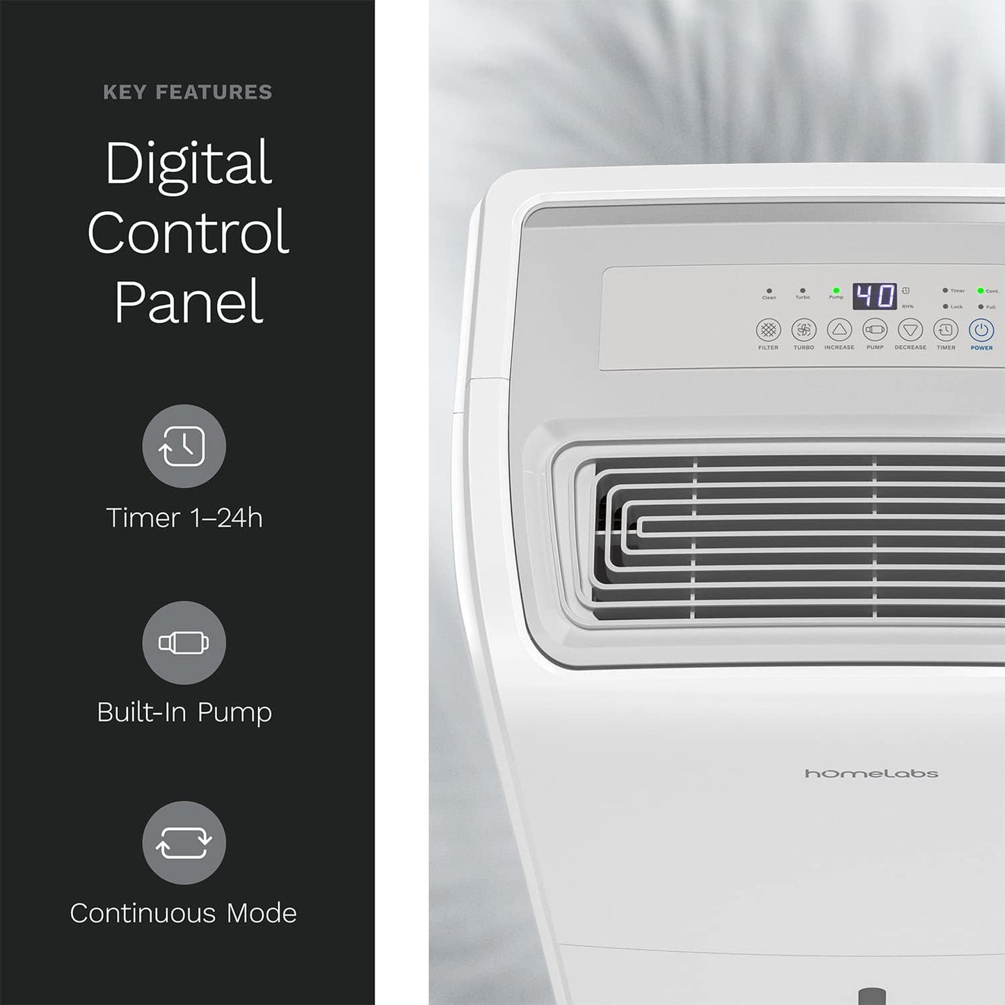 hOmeLabs Dehumidifier for Home, Office, Basements with Powerful Moisture Removal, Humidity Control, Auto Shut-off, Quiet Operation - 6,000 Sq Ft Rooms (40 Pint MAX 104 Pint at 95°F, 90% RH) with Pump