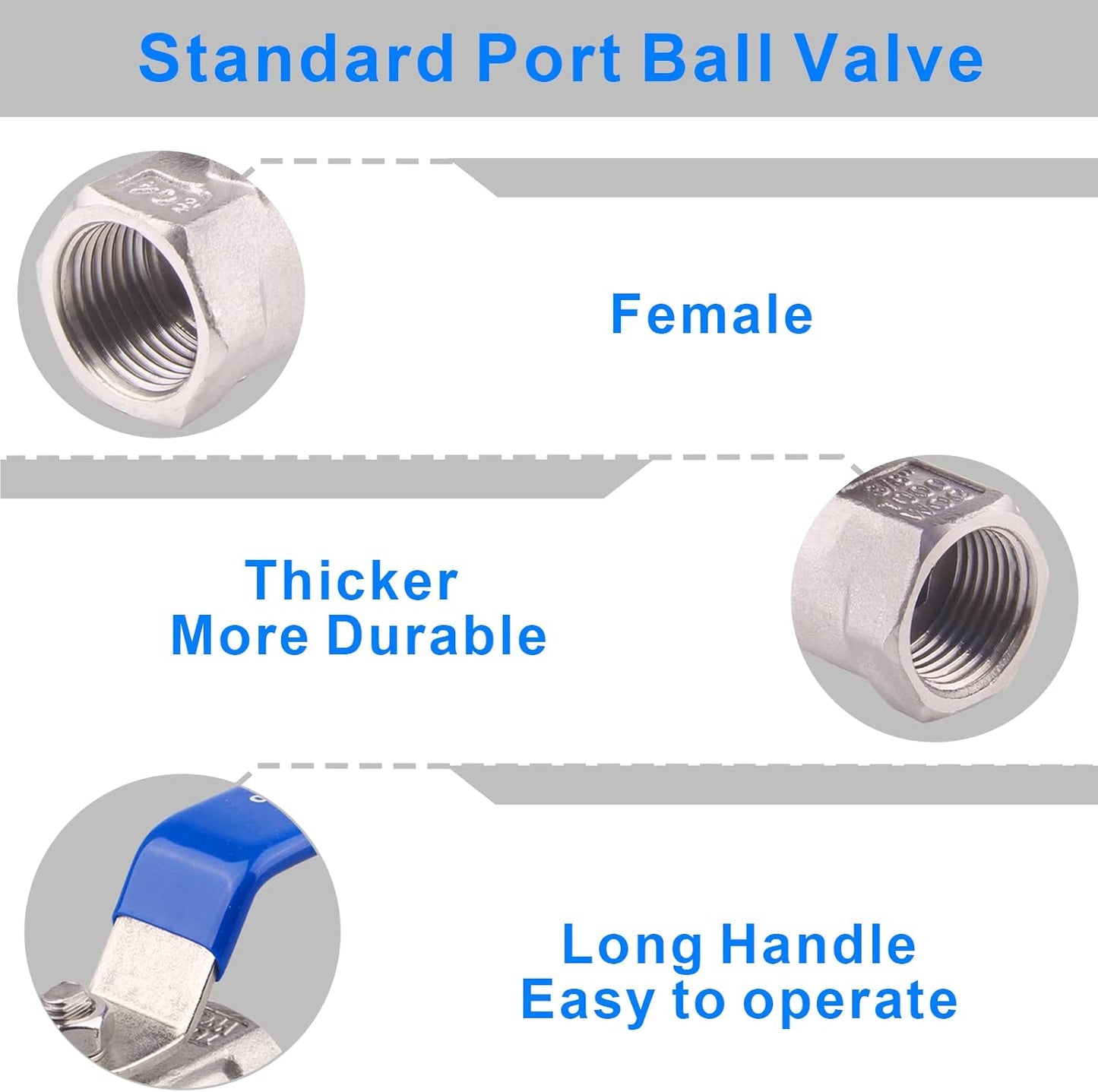 DERNORD Stainless Steel Ball Valve 1PC Type 3/8 Inch NPT Standard Port for Water, Oil, and Gas (Pack of 2)