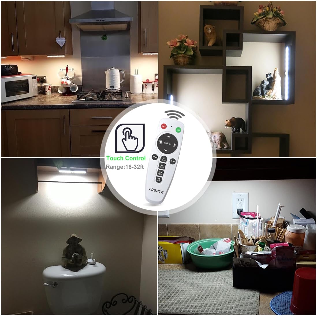 LDOPTO Under Cabinet Wireless LED Lights, 6 Pack Rechargeable Battery Operated, Dimmable, Remote Control, Stick On Night Lights for Kitchen, Pantry, Stairs, Hallway, 3 Colors