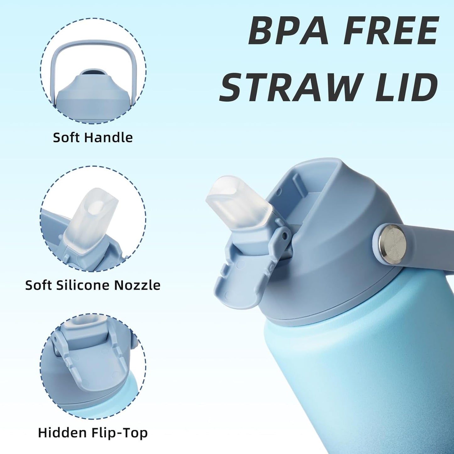 BJPKPK Water Bottle with Straw Lid, 24oz Vacuum Insulated Water Bottles, Metal Stainless Steel Thermo for Sports, Travel, BPA Free Leak Proof Thermo, Cups, Flasks, Tumblers,Sky