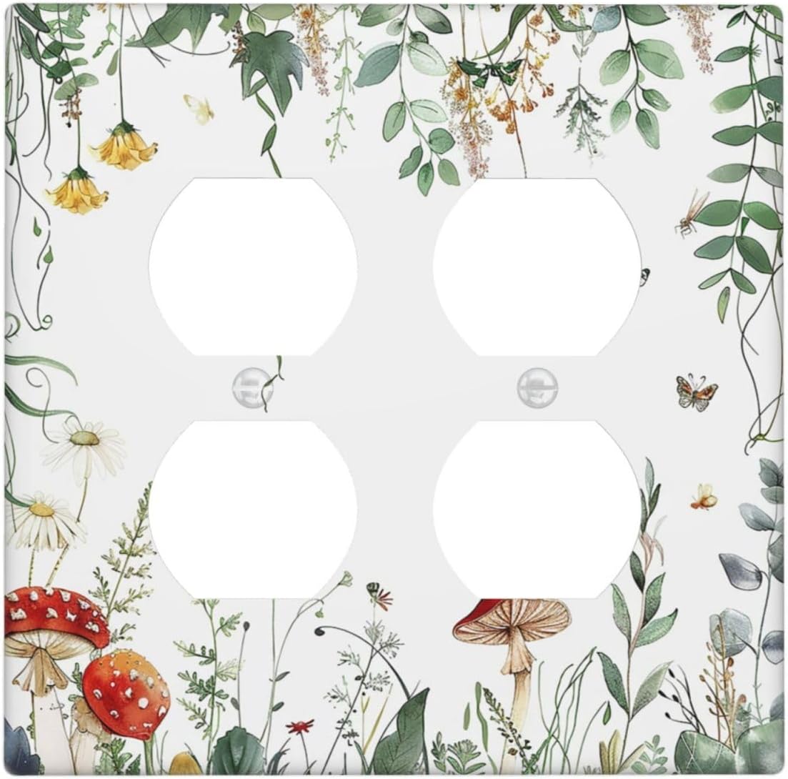 Outlet Covers Sage Plant Red Mushroom Butterfly Wild Flower 2 Gang Double Duplex Decorative Light Switch Covers Electrical Wallplates Socket Faceplate For Bed Room Kids Room Decor