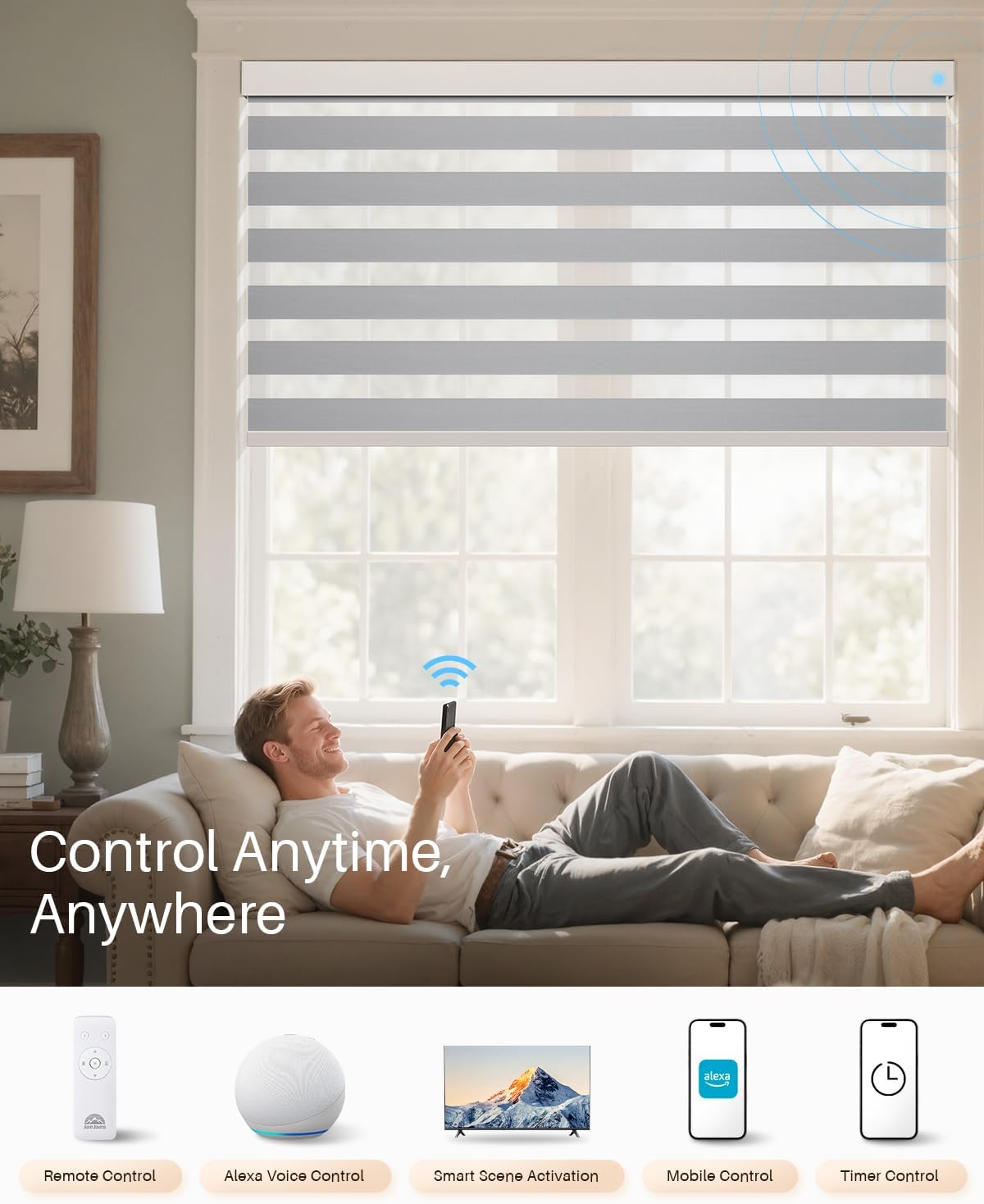 Smart Zebra Blinds for Windows, Alexa Motorized Blinds with Remote Control, Automatic Electric Power Zebra Shades for Indoor Windows (38" W x 72" H, Gray Fabric & White Shell)