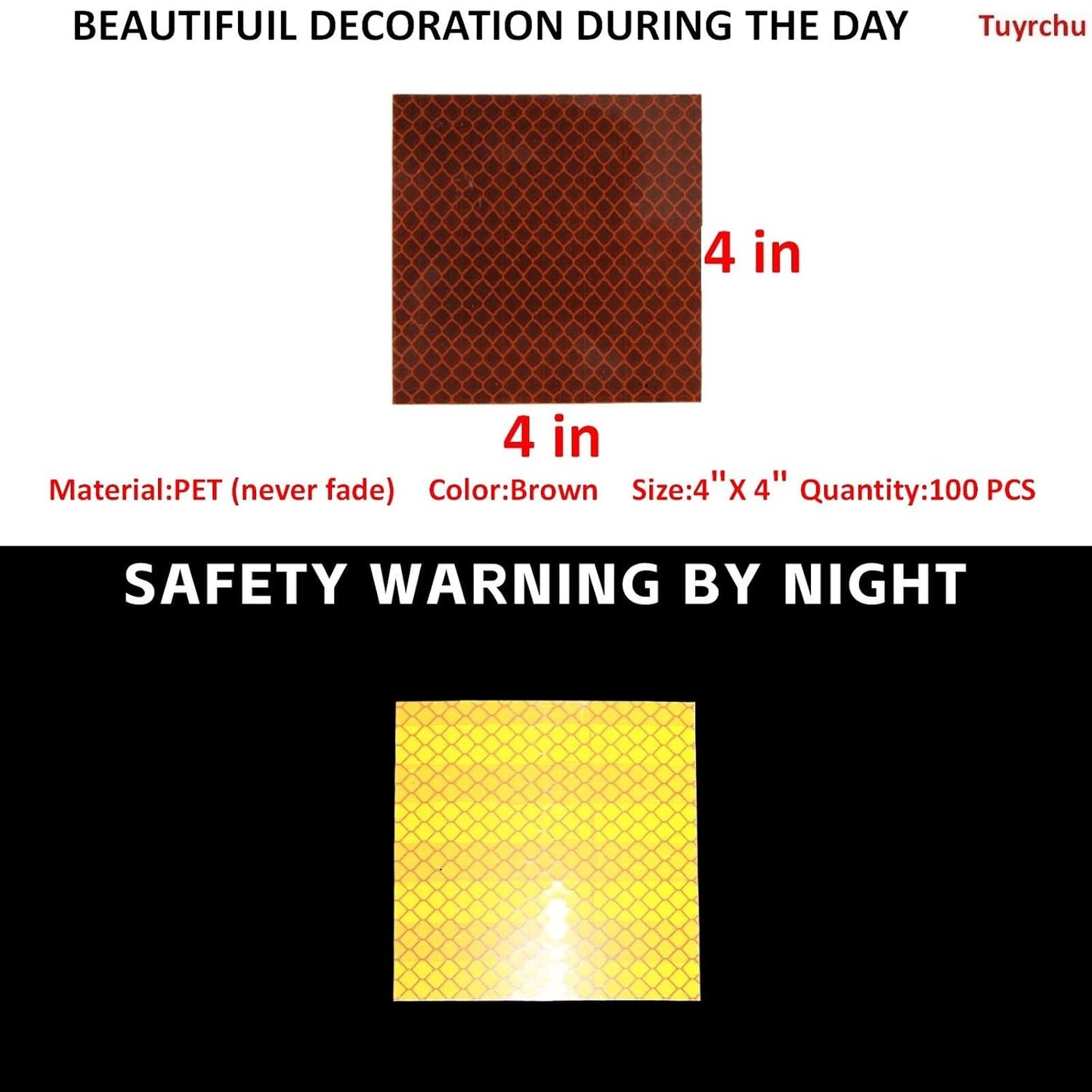 Non Fading Brown Reflective Stickers 4 inch X 4 inch, Outdoor Waterproof High Visibility Warning Safety Adhesive Reflector Tape (100 Pcs)