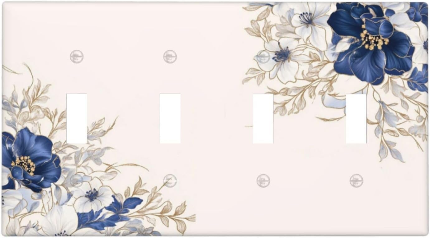 Decorative Light Switch Cover Plate Rustic Blue Beige Flower Peony Floral 4 Gang Wall Plates for Electrical Outlets Quad Toggle Switch Plate Covers Outlet Covers Faceplate for Bedroom Decor