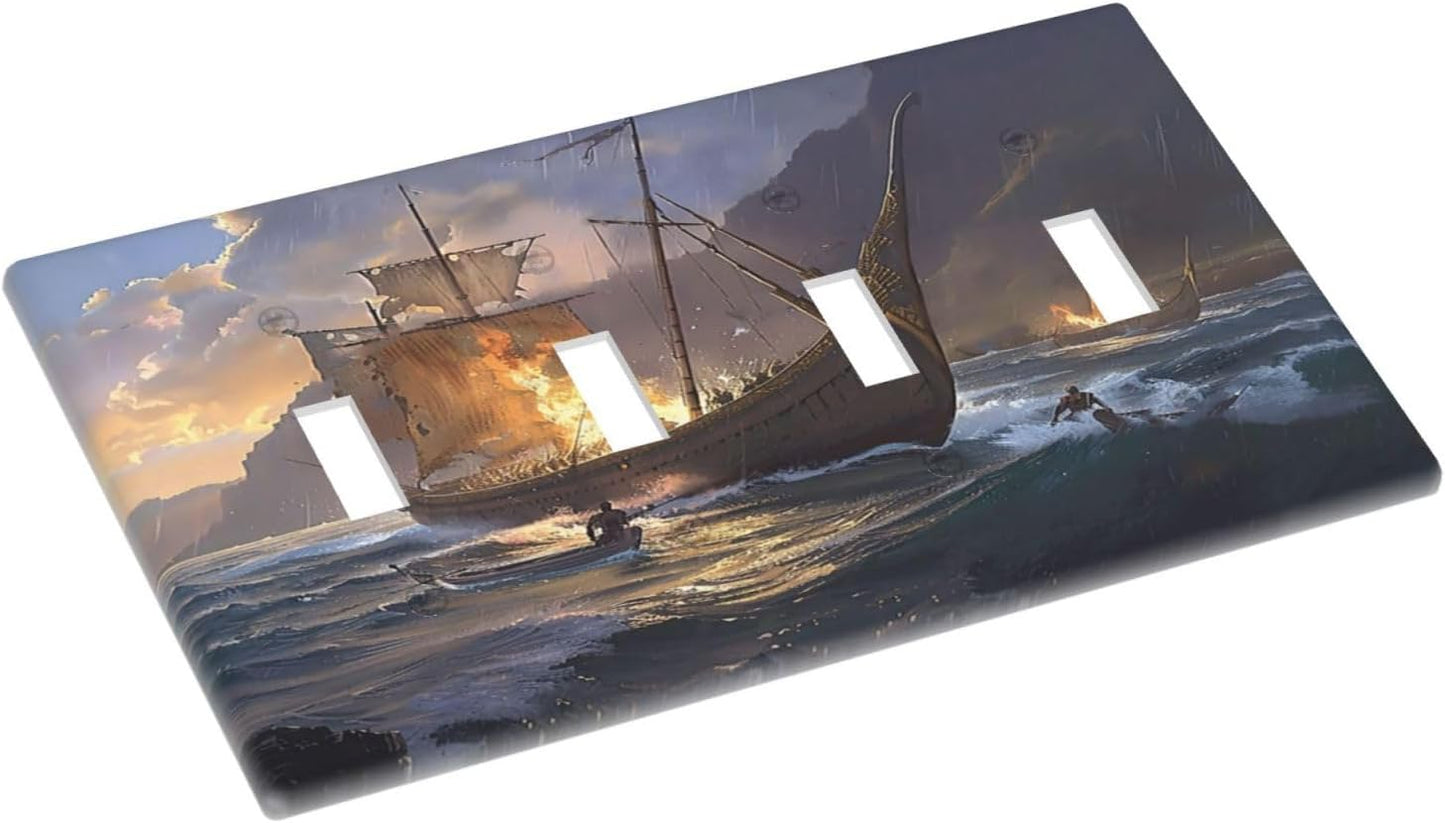 Light Switch Cover Plate Medieval Vintage Sailing Adventure Sailings Ocean Waves 4 Gang Quad Toggle Wall Plate Electrical Outlet Cover Decorative Switch Plate Covers for Bedroom Cabin Decor