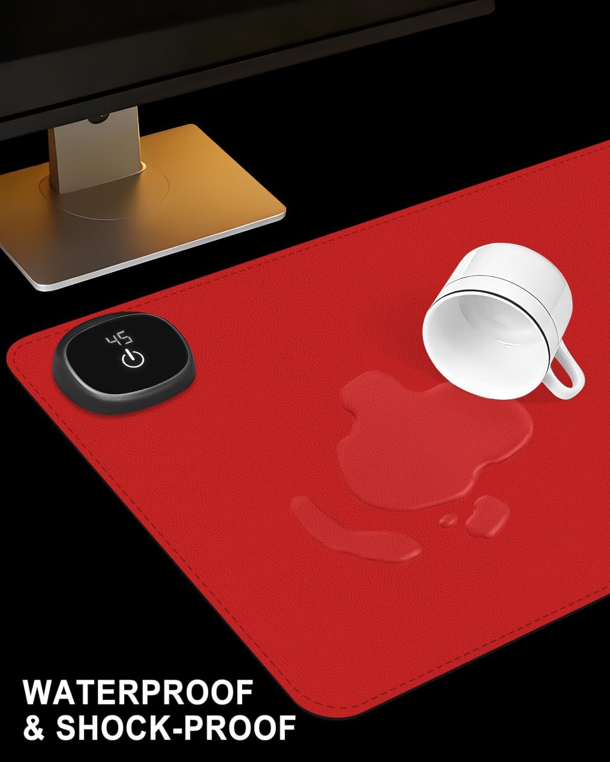 Heated Desk Pad, 23.6" x 14.2" Leather Non-Slip Warm Desk Pad, Large Mouse Mat with 3 Levels Heating & 3 Hours Auto Shut-Off, Hand and Foot Warmer for Office, Home, Red