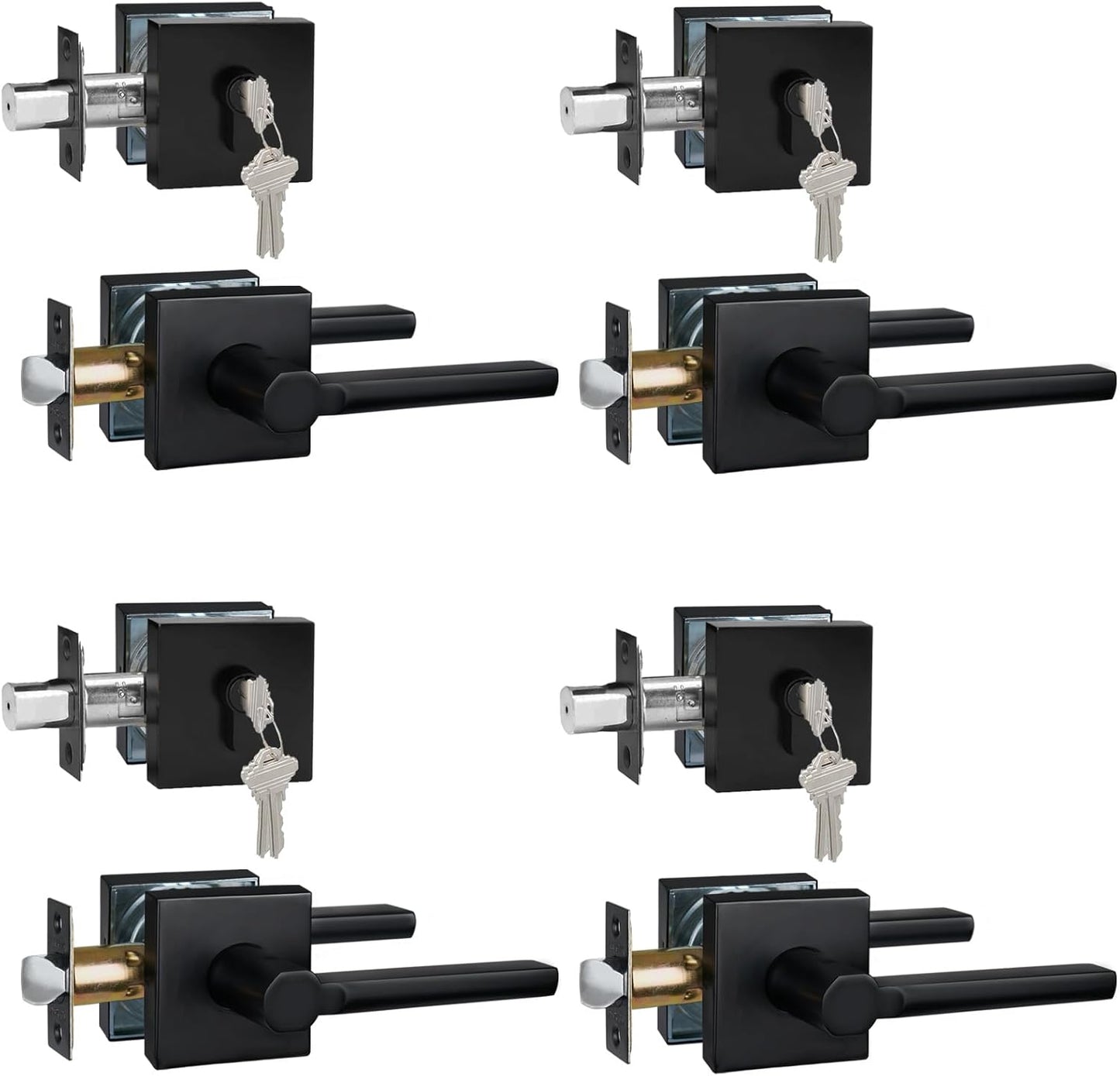 4 Sets Passage Door Lever and Single Cylinder Deadbolt Lock Set, Heavy Duty Square Handle for Entrance and Front Door, Matte Black, Different Keys