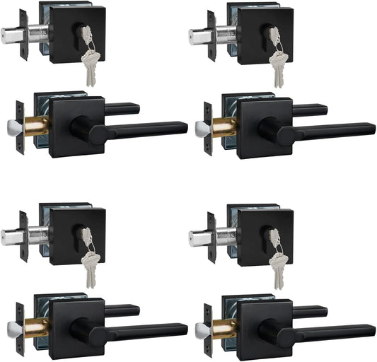 4 Sets Passage Door Lever and Single Cylinder Deadbolt Lock Set, Heavy Duty Square Handle for Entrance and Front Door, Matte Black, Different Keys