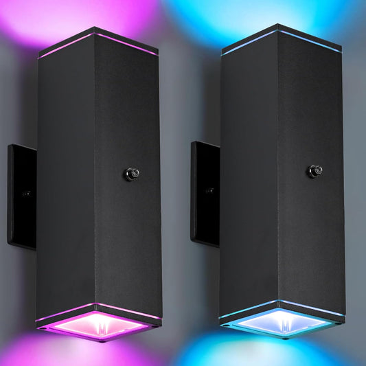 Outdoor Wall Lights 2 Pack, RGBCW Exterior Lighting Sconce,2700K-6500K Dimmable Smart Porch Lights Outdoor for House Patio Garage, Compatible with Alexa/Google Assistant, Bulb Included