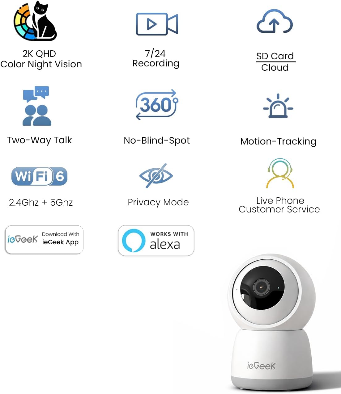 ieGeek 2K Indoor Security Camera, 5G/2.4G WiFi Pet Cameras for Home Security, 360° Dog Cam w/Auto Tracking, Smart Motion Detection, Phone App, Baby Monitor, 3MP Night Vision, Works with Alexa(2 Pack)