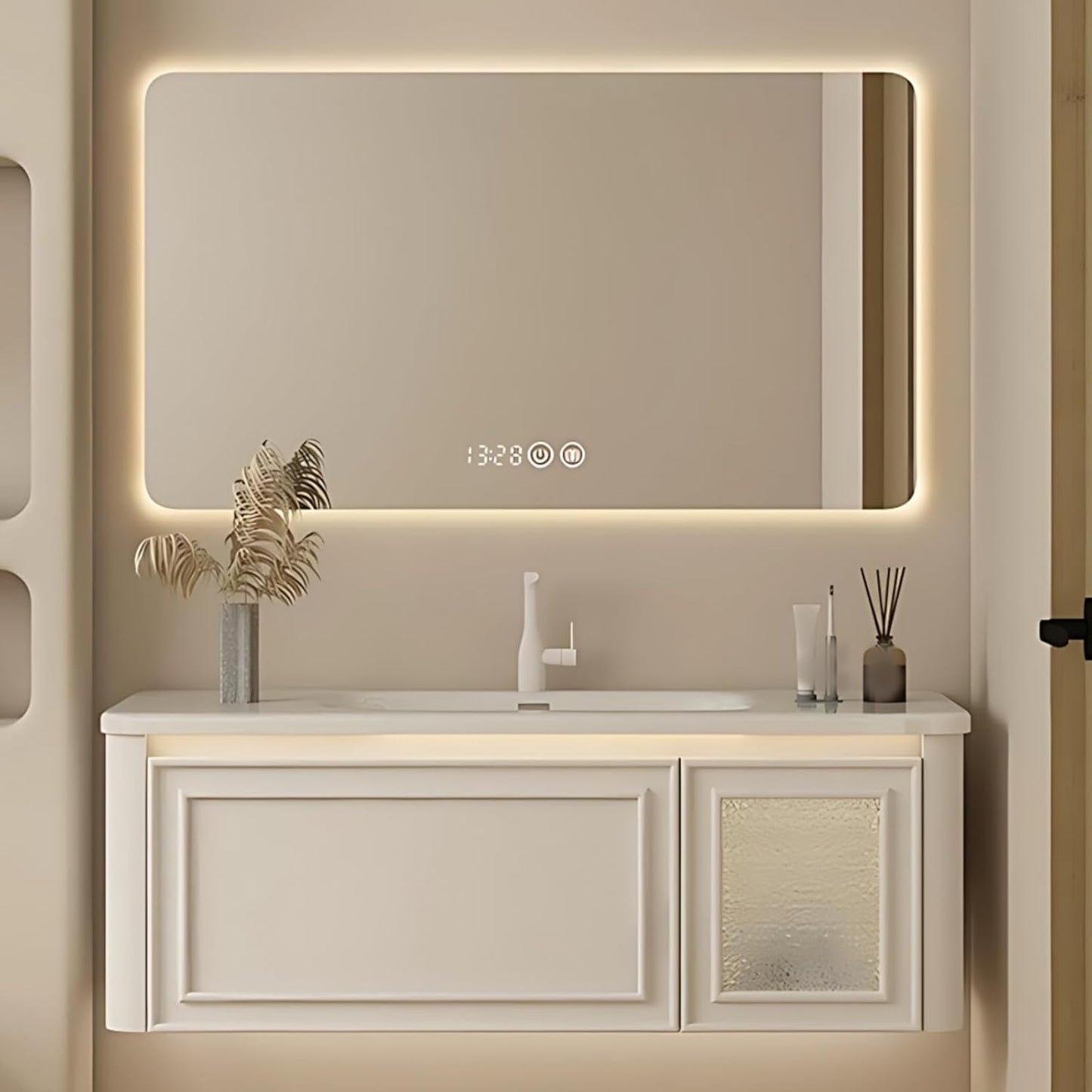48IN Wall Mounted Bathroom Vanity Set - Wood Bathroom Vanities has Tissue Hole Design | Includes Smart Defogging Mirror Cabinet & Time Display, Rounded Corners, Glass Cabinet Doors (Style B)