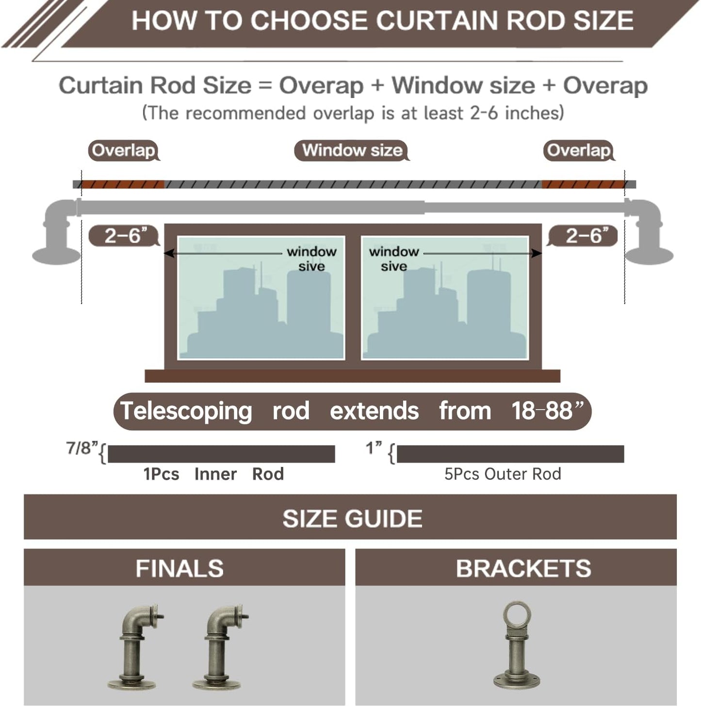 Industrial Curtain Rods 18 to 88 in,Blackout Curtain Rod,Adjustable Length,1 in Diameter Pipe,Wall or Ceiling Mounted,for Bedroom and Living Room (Antique Silver 18” to 88”)