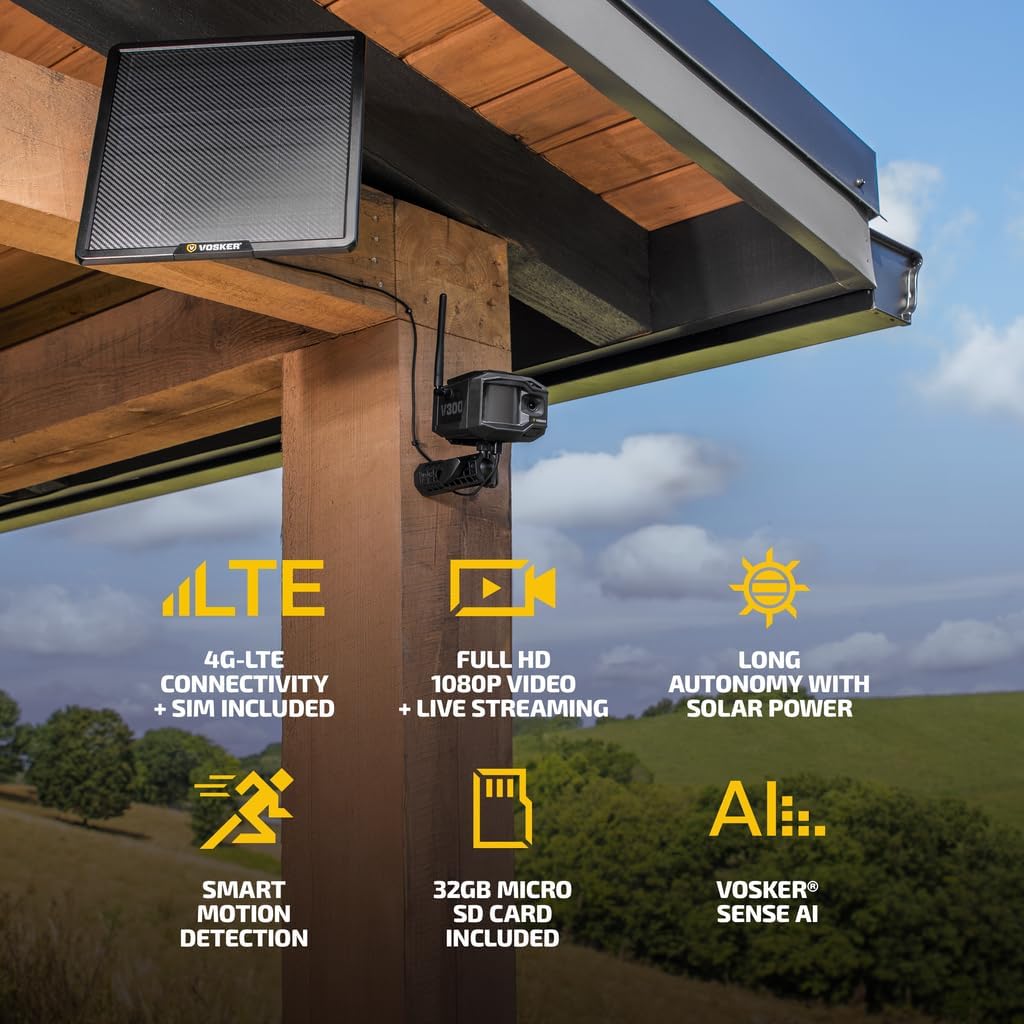 Vosker V300 Ultimate 4G-LTE Autonomous Outdoor Security Camera with External Solar Panel | High-Capacity 15,000 mAh External Solar Power Bank | SIM Cards Included | No WiFi Needed | Live Streaming
