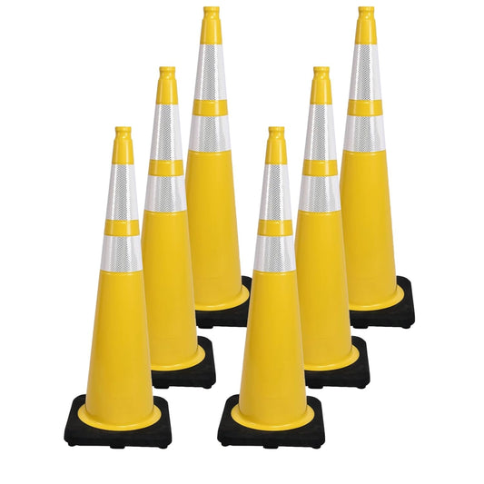 6 Pack 36 Inch Yellow Heavy Duty Traffic Cones Black Base Stable, Professional Use for Highway Safety, Parking Management, Work Zones (6, Yellow, 36 Inch)
