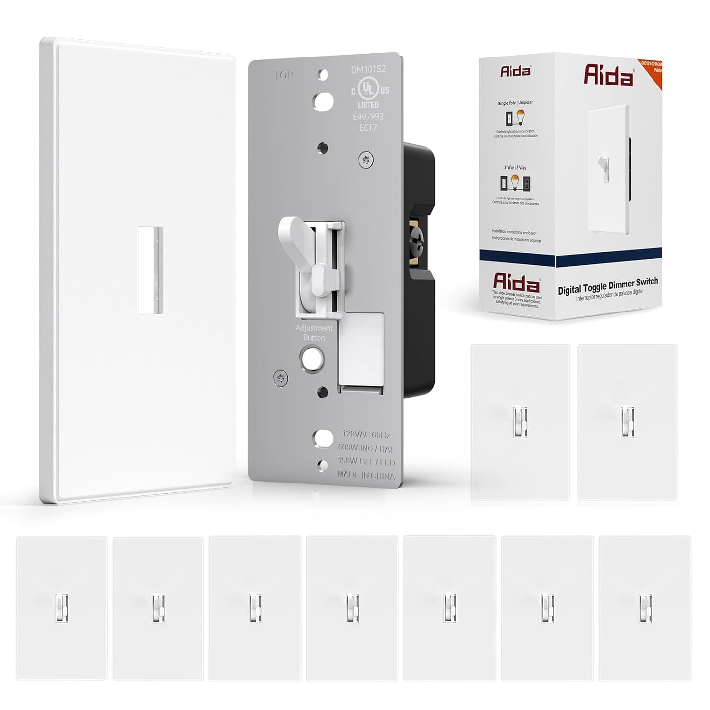 AIDA Digital Toggle Dimmer Switch for Dimmable LED, CFL & Incandescent Bulbs, Single Pole/3-Way, Screwless Wall Plate Included, UL Listed, No Neutral Wire Needed, Matte White (10 Pack)