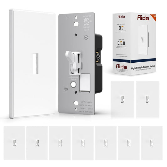 AIDA Digital Toggle Dimmer Switch for Dimmable LED, CFL & Incandescent Bulbs, Single Pole/3-Way, Screwless Wall Plate Included, UL Listed, No Neutral Wire Needed, Matte White (10 Pack)