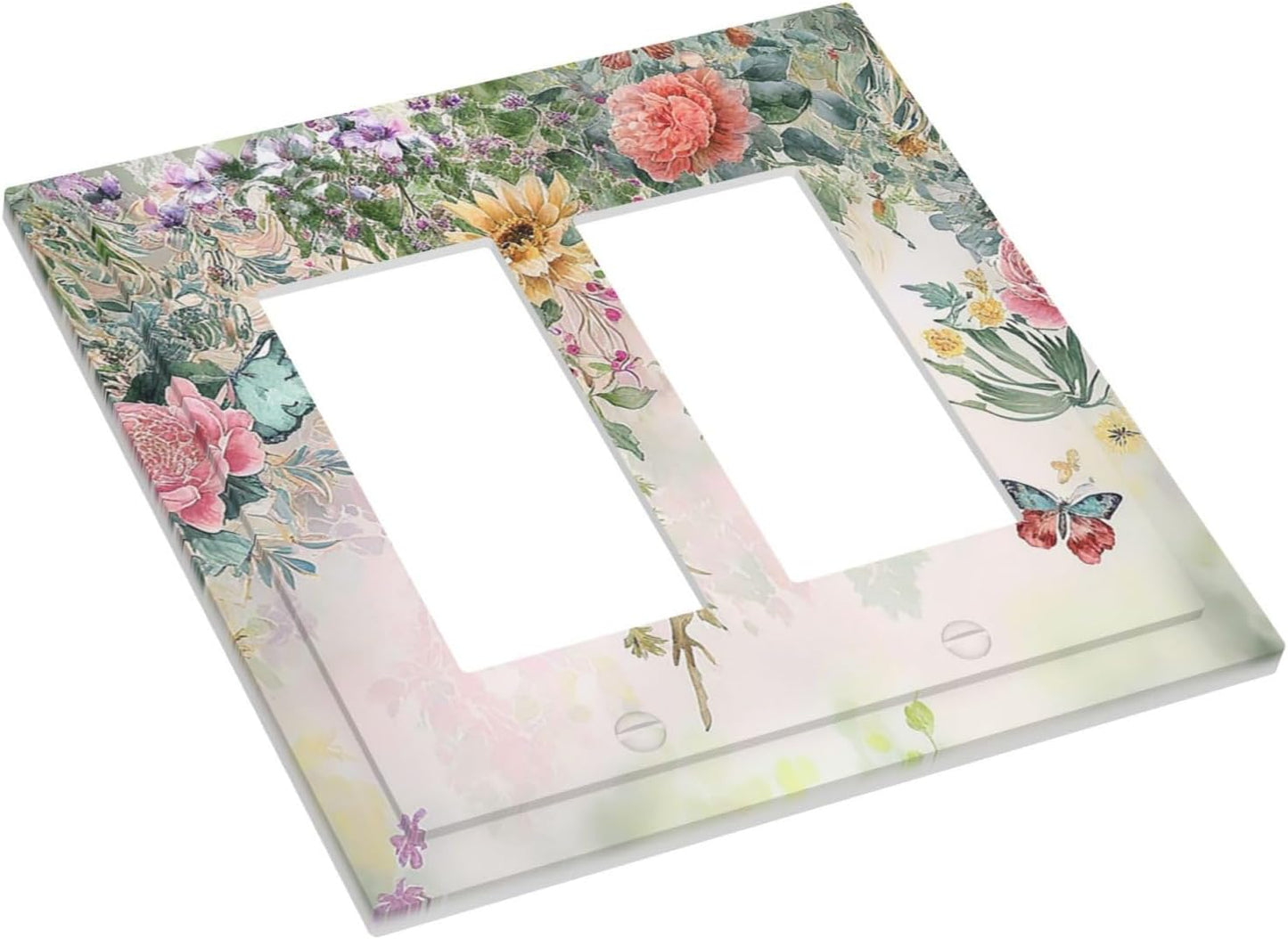 Rustic Floral Watercolor Flower Blossom Butterfly Outlet Covers Light Switch Cover Plate 2 Gang Double Rocker Wall Plates Decorative Switch Plates Plug Cover Electrical GFCI Receptacle 4.9 X 5 IN