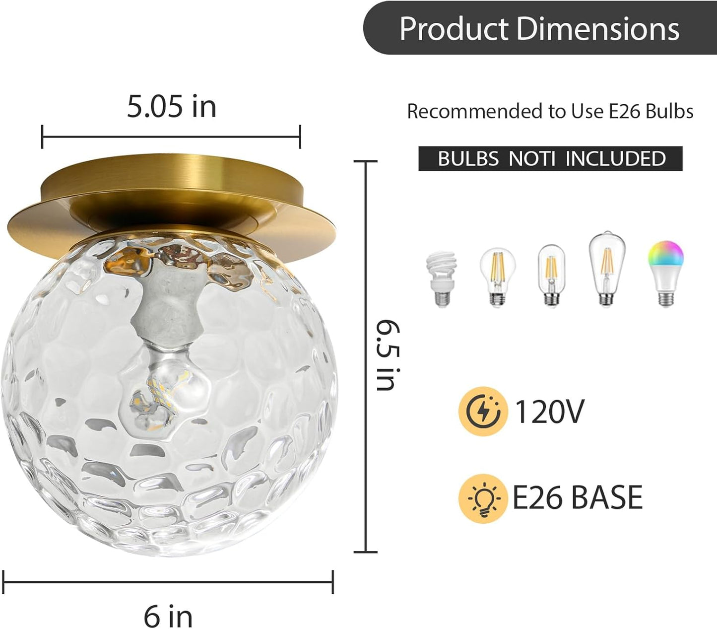 Modern Glass Globe Wall Sconce: Gold Spherical Sconces Light with Hammered Clear Glass Shade - Small Brass Vanity Single Ball Lights Fixture - Contemporary Wall Mounted Lamp for Bedroom Living Room