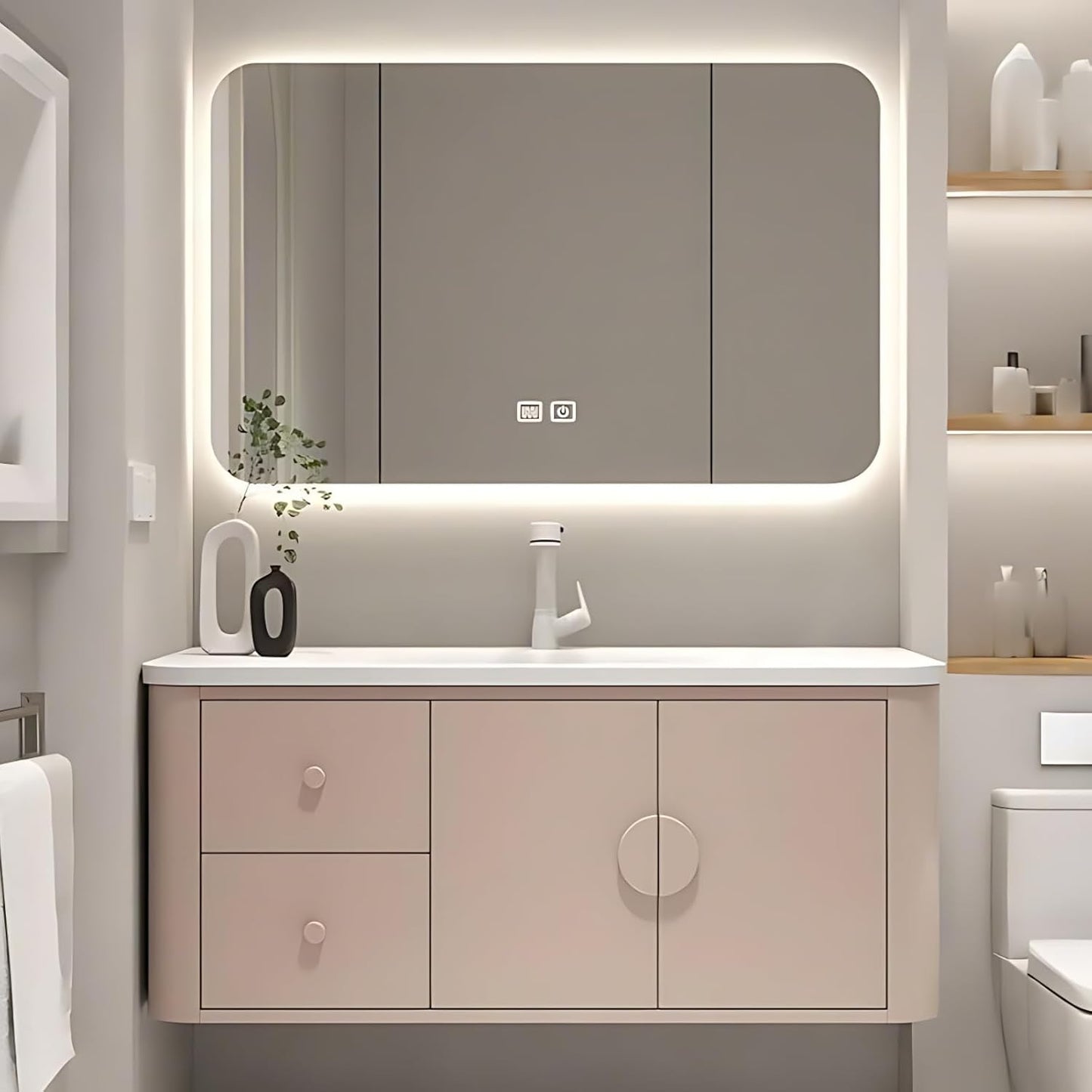 64IN Pink Modern Bathroom Vanity - Bathroom Vanities Set with 2 Drawers Wall Mounted | Rounded Corner Smart Defogging Mirror Cabinet with Lighting & Time Display, Side Opening Storage Shelf (Style A)