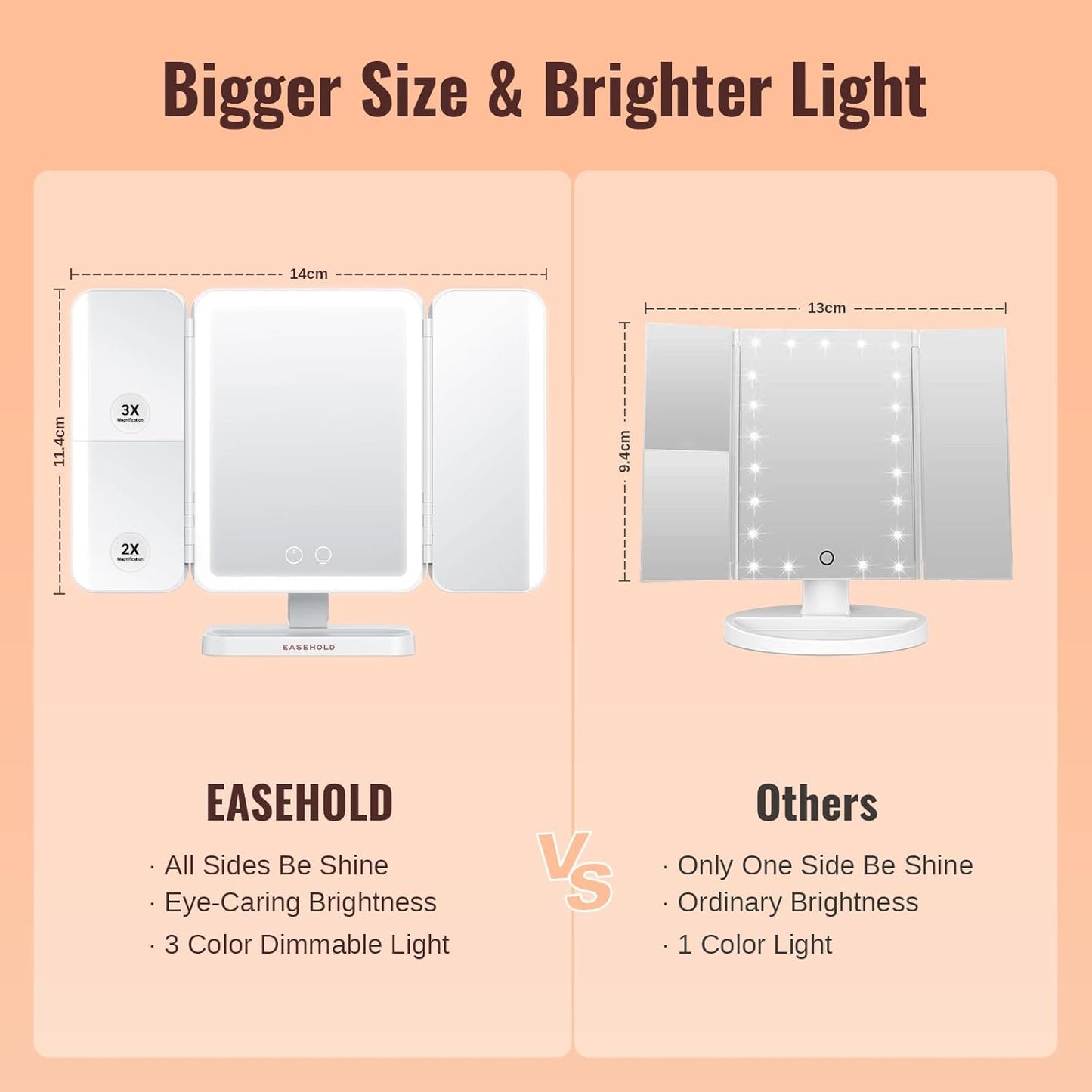 EASEHOLD Lighted Makeup Mirror with Magnification, Makeup Mirror with ligths, 2X 3X 10X Magnifying, Rechargable LED Mirror with 3 Colors Lights for Makeup Desk, Gifts for Women