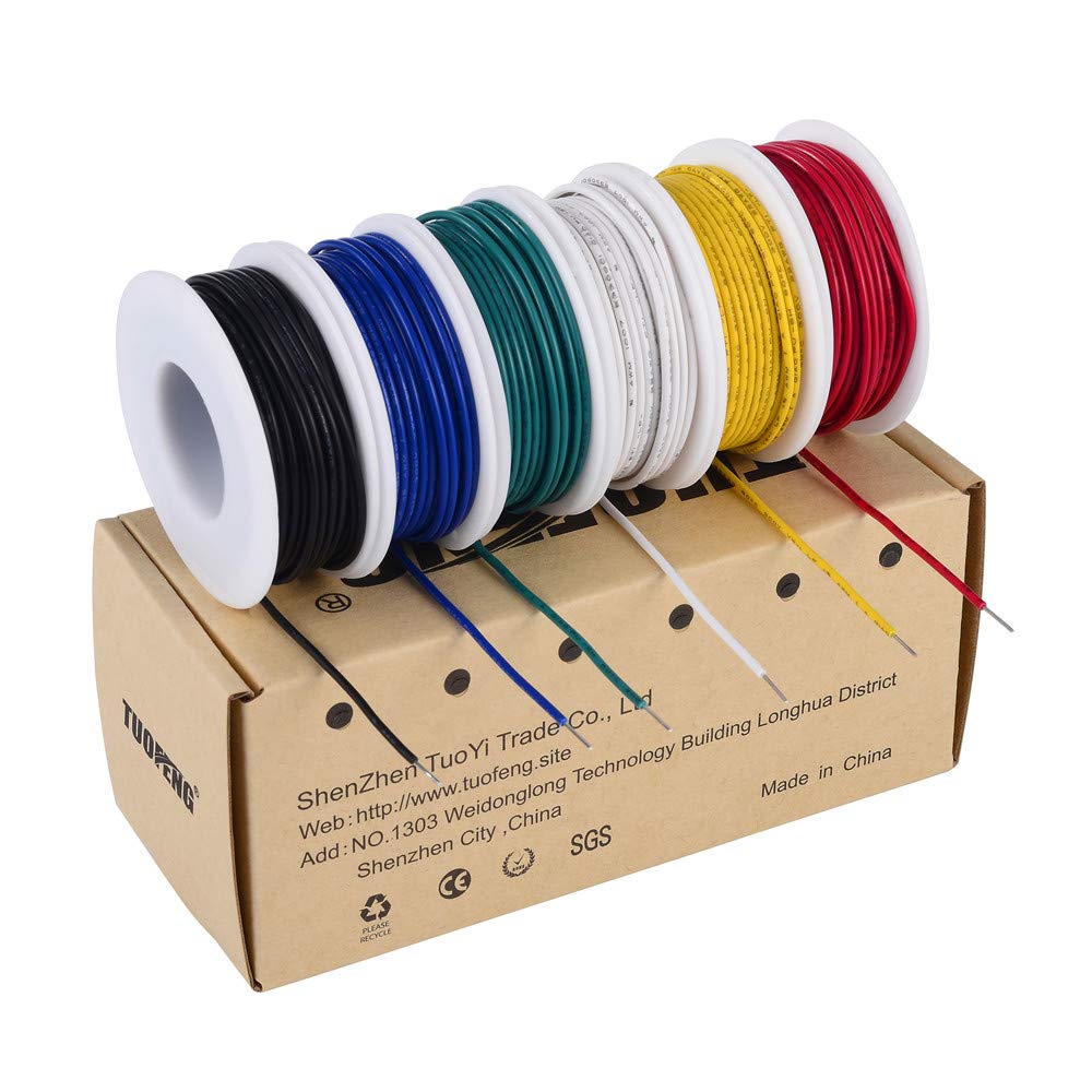 TUOFENG 24 AWG Solid Core Hookup Wire Kit, 6 Different Colored Jumper Wire 30ft Each, Tinned Copper Wire with PVC Insulation