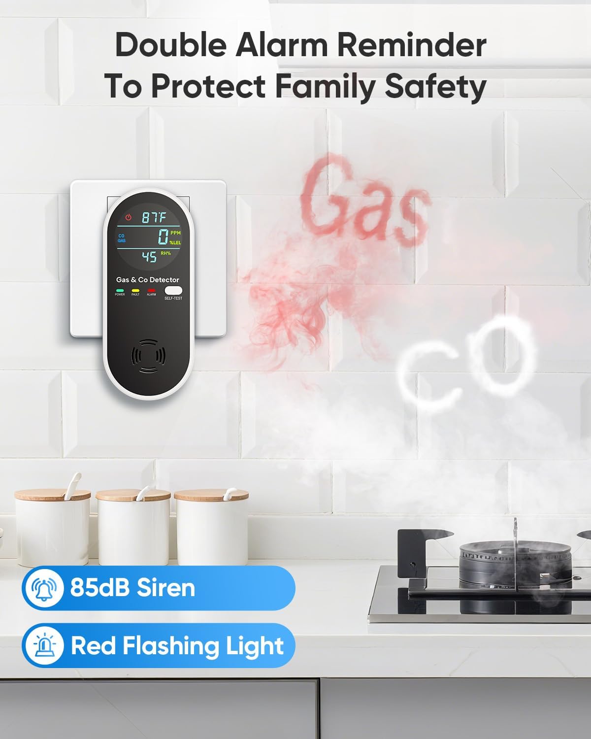 Carbon Monoxide Detectors and Natural Gas Detector, 4-in-1 Upgraded Carbon Monoxide Detectors Plug in, Gas Leak Detector with Dual Alarms, Temperature & Humidity Sensor for Home, RV, Black, 2 Packs