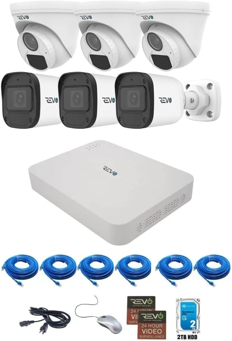 Revo Ultra Blue Series 8CH 4K POE H.265 NVR, 2TB & 6X 5 Megapixel Indoor/Outdoor IR Cameras with Built-in Mic – Remote Access Via Pc, Mac & Phone (No Monthly Fee)