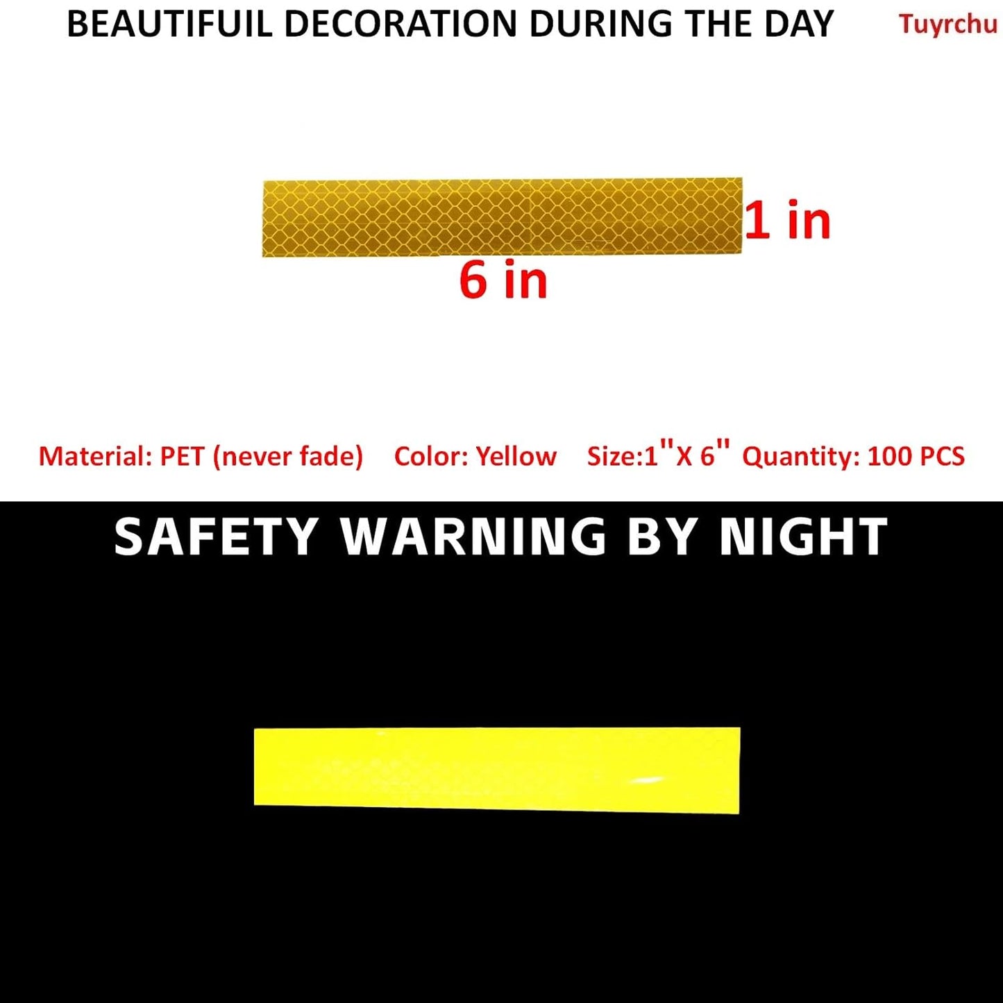 Non Fading Yellow Reflective Stickers 1 inch X 6 inch, Outdoor Waterproof High Visibility Warning Safety Adhesive Reflector Tape (100 Pcs)