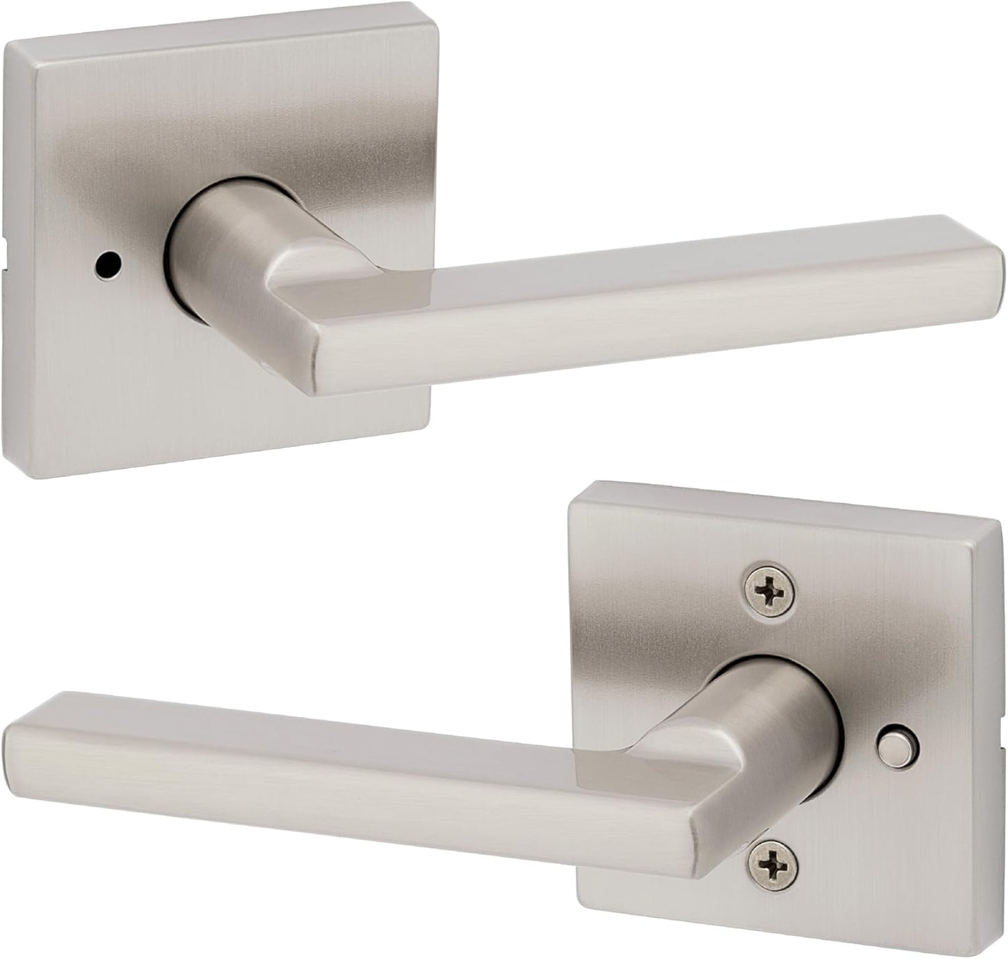 Kwikset Halifax Interior Privacy Door Handle with Lock, Door Lever For Bathroom and Bedroom, Satin Nickel Reversible Keyless Push Button Lock Door Lever, with Microban Protection
