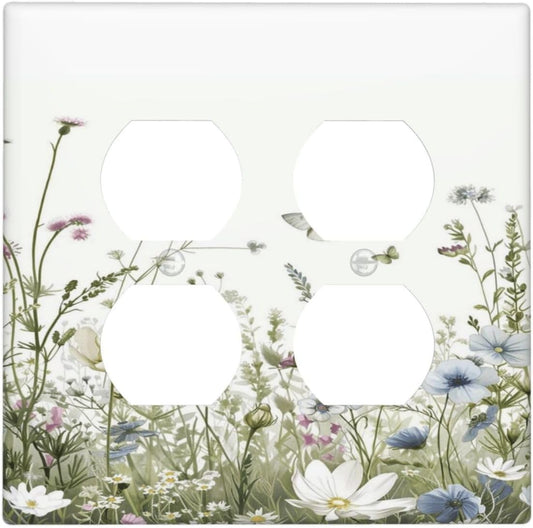 Colorful Wildflowers Daisy Plant Butterfly Floral Outlet Covers 2 Gang Double Duplex Decorative Light Switch Covers Electrical Wallplates Socket Faceplate for Bed Room Living Room Decor