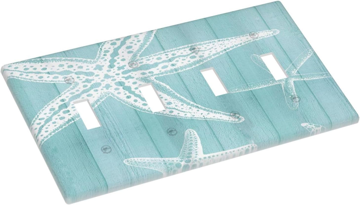 Decorative Light Switch Cover Plate Starfish Teal Wood Board Nautical 4 Gang Wall Plates for Electrical Outlets Quad Toggle Switch Plate Covers Outlet Covers Faceplate for Bedroom Home Decor