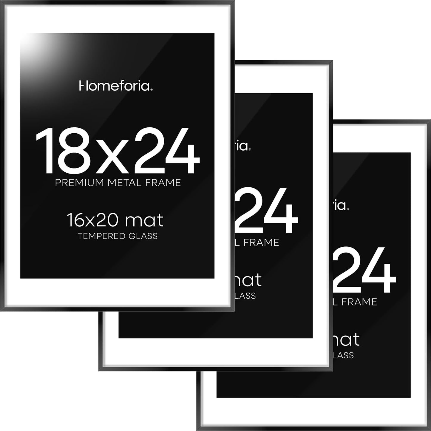 Homeforia 18x24 Poster Frame Black, High End Metal 18 x 24 Picture Frames with Mat 16 by 20 inch Photo, 18x24 Black Frame Matted to 16x20 Print, 24x18 Hanging Frame, Tempered Glass, Wall Kit, Set of 3