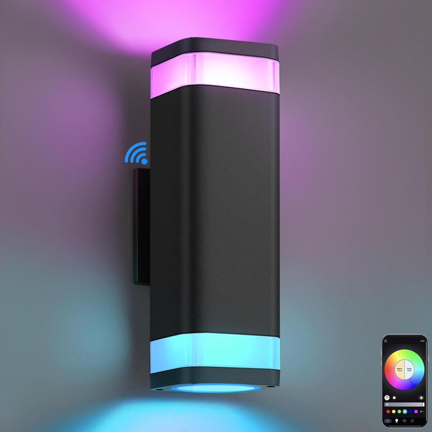 SHIMR Smart RGB Outdoor Wall Light, WiFi App Control Color Changing Up Down Exterior Sconce with Dusk to Dawn Sensor, Waterproof LED Wall Mount Light Fixture, Works with Alexa & Google, Black Finish