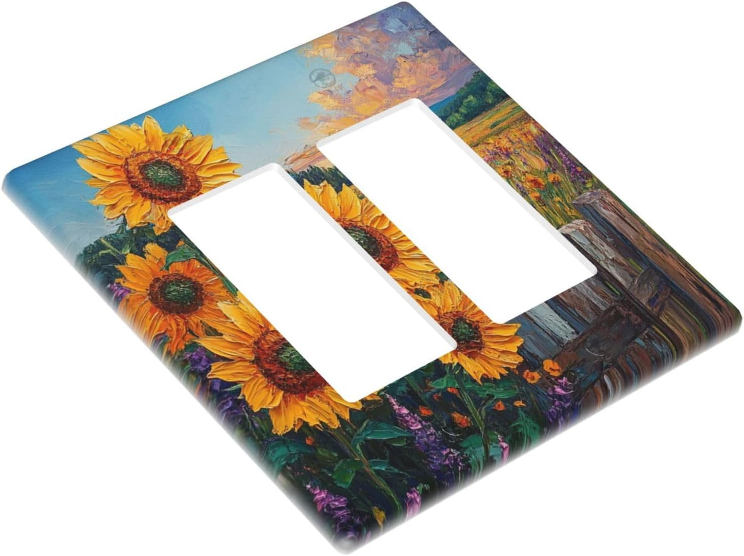 Decorative Outlet Covers Rustic Wilderness Sunflower Lavender Muzha Oil Painting 2 Gang Wall Plate Double Rocker Two Switch Wall Cover Plate Jumbo Dual GFCI Faceplate