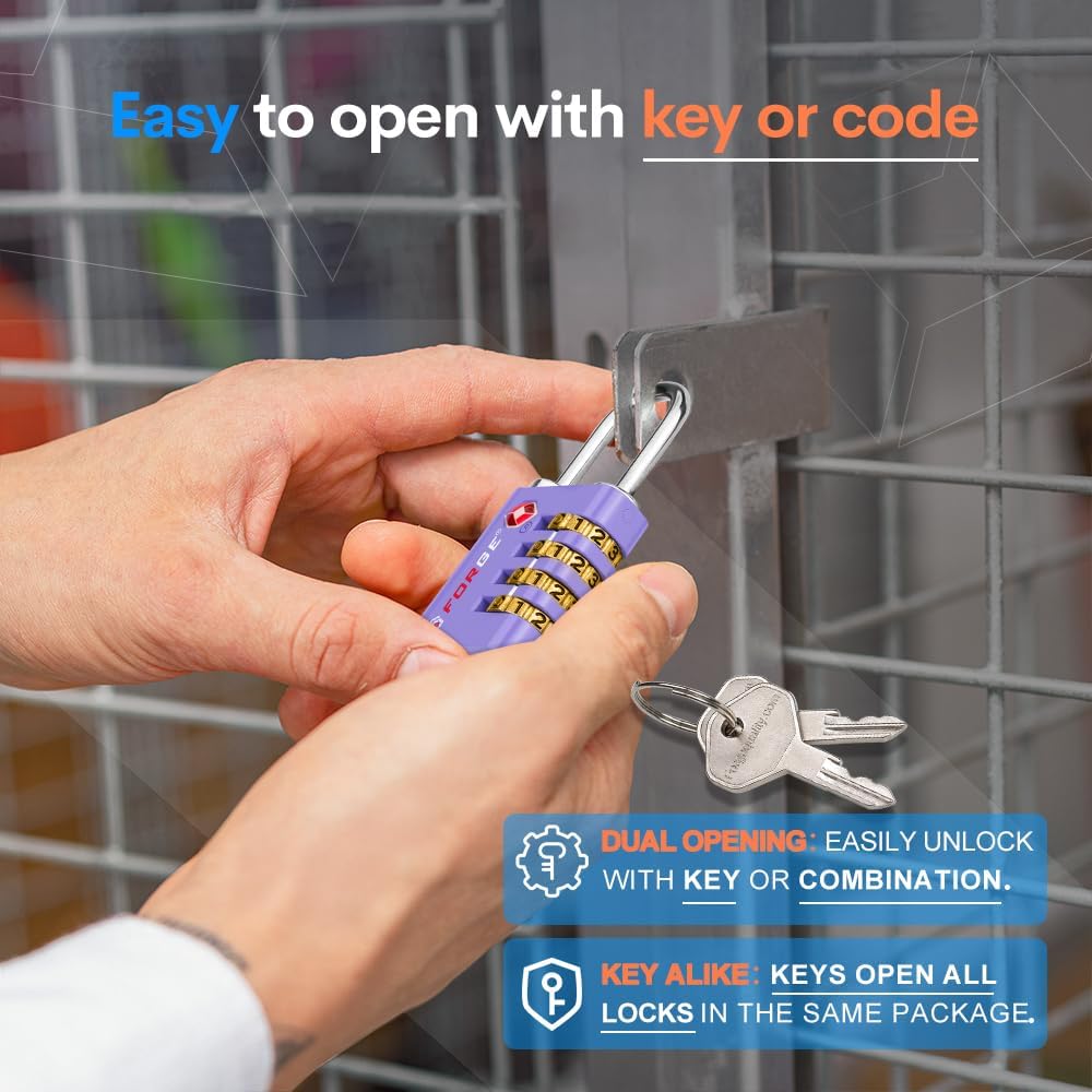 Forge Dual-Opening: Key or Combination Access Lock, TSA Approved Locks for Luggage, Pelican case, Travel, Gym, School, Stainless Steel Shackle. (Purple, 2 Pk)